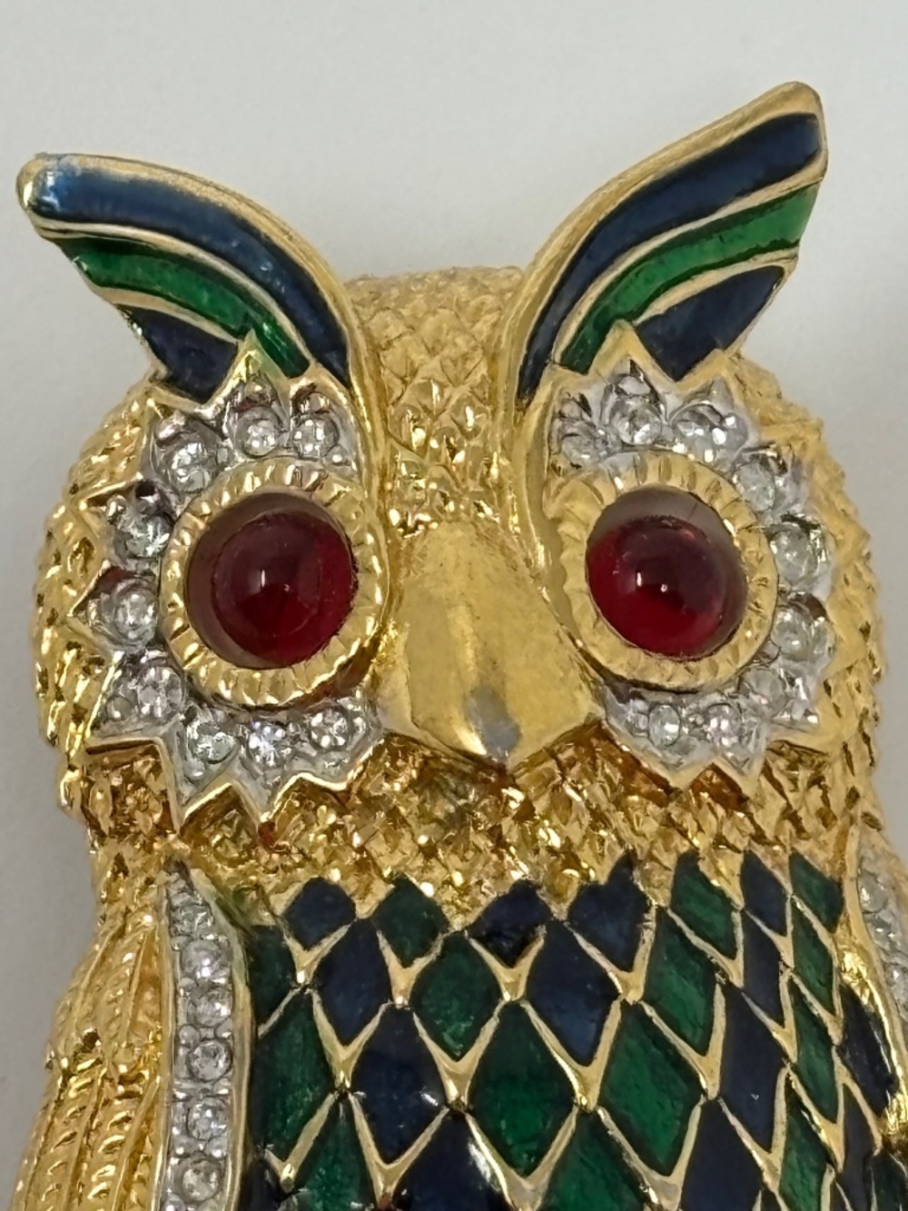 D'orlan Vintage Owl on Branch Brooch Pin Gold Plated Green Enamel with Crystals - Picture 2 of 7